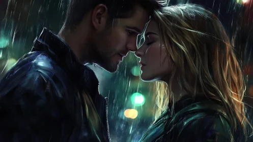 Digital Rendering of Two Figures in Rain with Advanced Lighting Effects