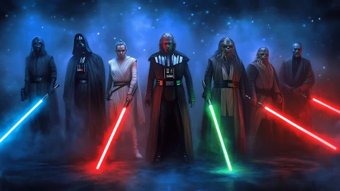 Cinematic sci fi warriors aligned with glowing energy blades.