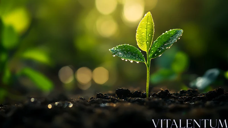 Dew-kissed green seedling glows softly in golden light.