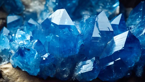 Bright blue crystal cluster with sharp reflective facets.