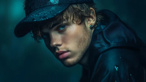 Moody rain-soaked portrait of young man in teal light.
