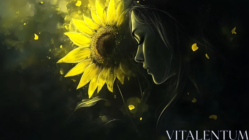 Luminous sunflower beside tranquil female profile in dusk glow.