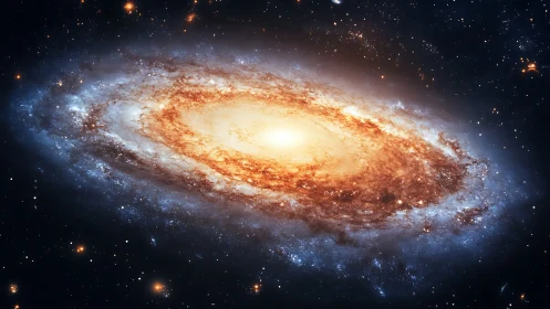 Digital painting of luminous spiral galaxy with stellar halo.