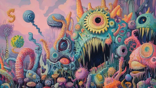 Surreal biomorphic landscape with tentacled organisms.