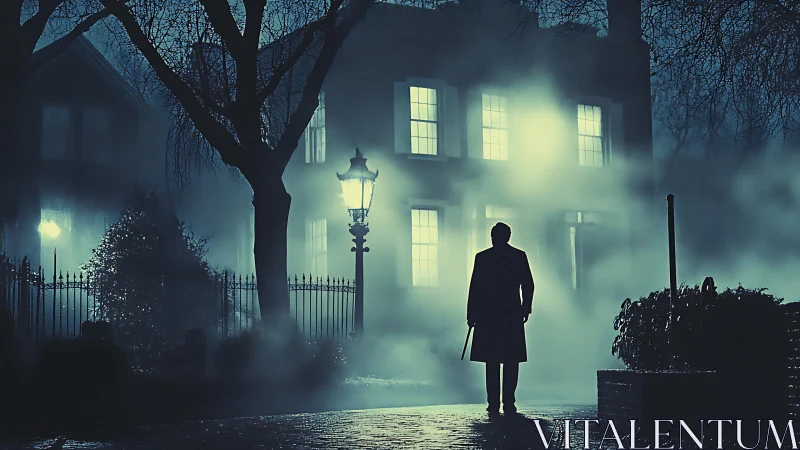 Mysterious stranger pauses under misty lamplight at night