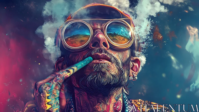 Psychedelic portrait shows reflective desert in mirrored goggles