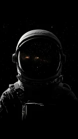 Lone astronaut silhouette reflects distant starfield glow.