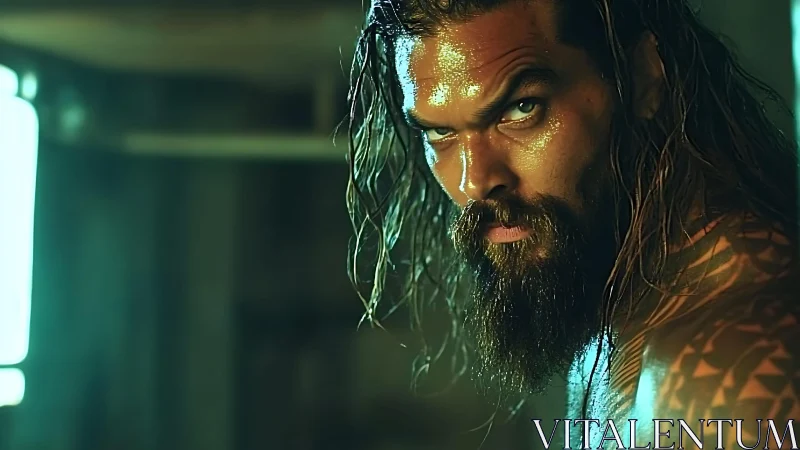 Intense warrior stare under dramatic teal studio lighting.