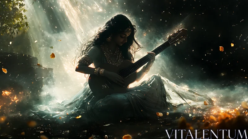 Moonlit guitarist braids stardust into a forest lullaby
