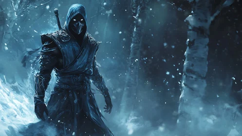 Hooded masked warrior stands in frozen dark forest night.