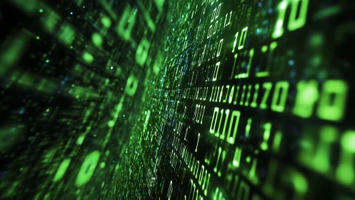 Neon binary code stream forms immersive digital tunnel.