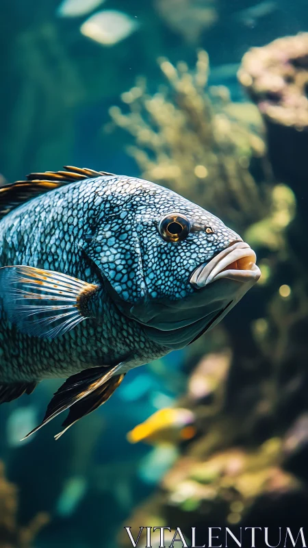 Spotted reef fish in sharp focus against soft blue reef background.
