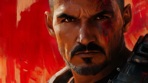 Battle-scarred warrior stares ahead against blazing red backdrop.