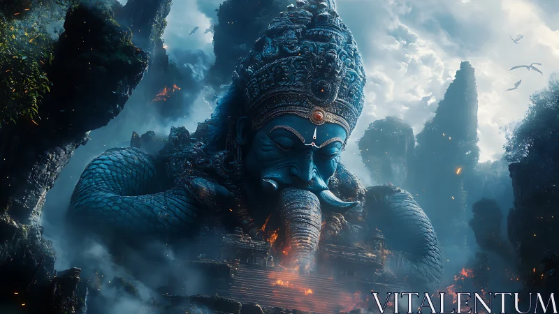 Colossal blue elephant deity rises calmly from ancient ruins
