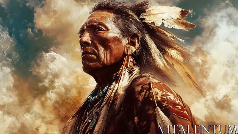Elderly indigenous chief in feathered regalia under stormy sky.
