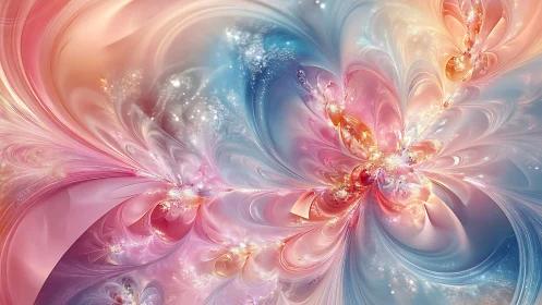 Pastel fractal blooms swirl through luminous cosmic light.