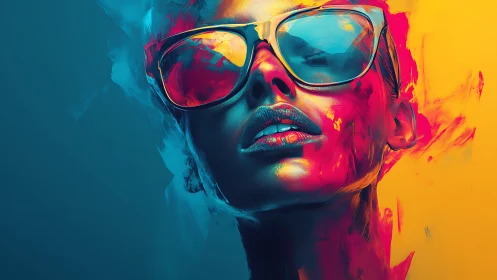 Digital portrait of woman in sunglasses with split color field.