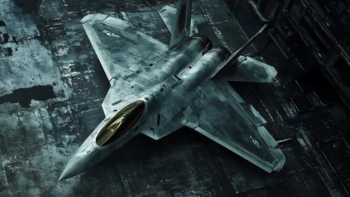 Stealth fighter jet on dark weathered concrete hangar floor.