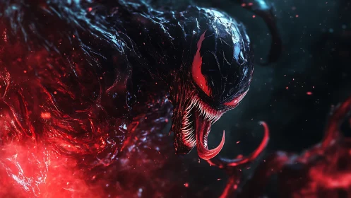 Bioluminescent symbiotic creature portrait in red-black haze