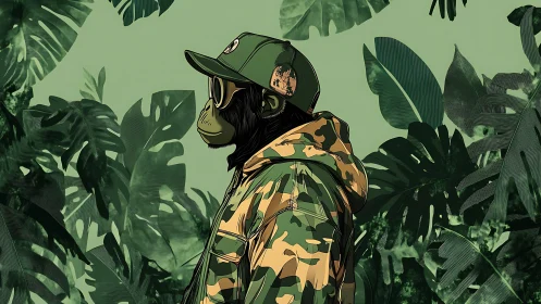 Stylized chimpanzee in camo streetwear against dense jungle foliage