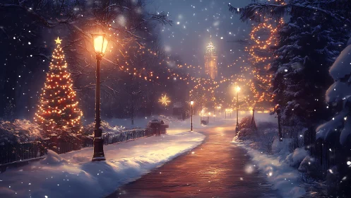 Snowy city park illuminated by warm Christmas lights at night.