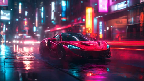 Red sports car on wet neon city street at night scene.
