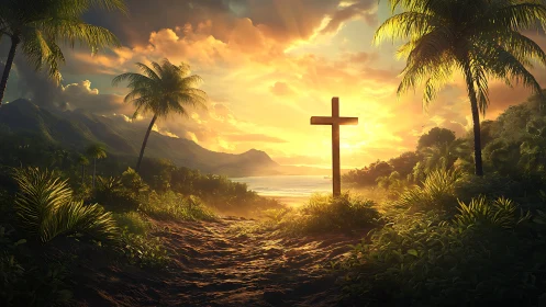 Wooden cross stands on tropical path facing coastal sunset