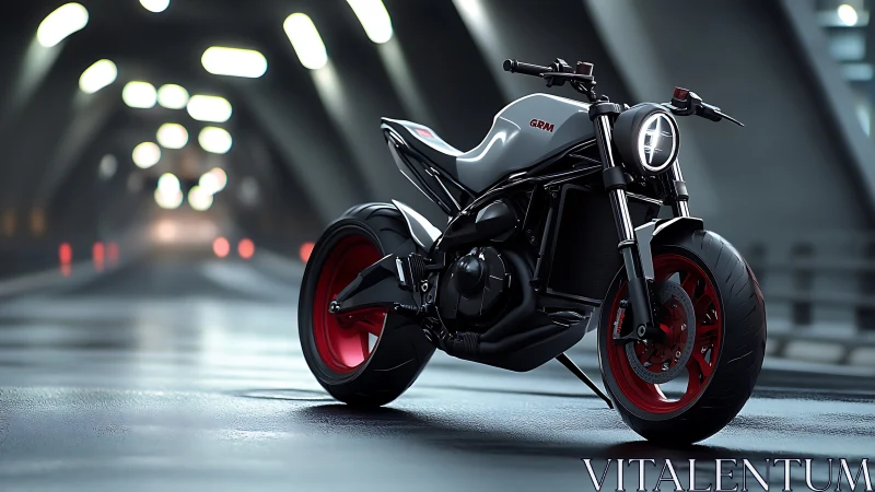Futuristic streetfighter motorcycle in cinematic tunnel light.