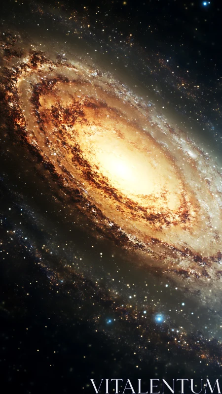 Spiral galaxy glows with dense golden core and star halo