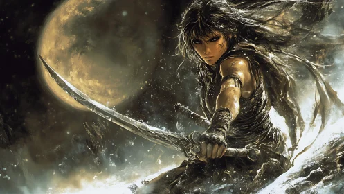 Moonlit warrior lunges with curved blade through storm.