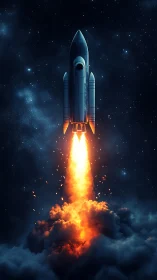 Midnight rocket ascent through luminous starfield skies.