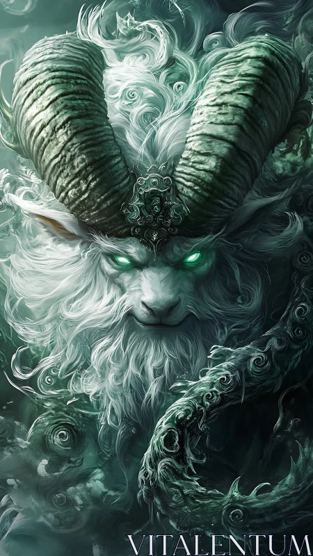 Mystic horned spirit gazes calmly through swirling green mists