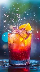 Vibrant Layered Splash: Tropical Drink in Dynamic Motion.