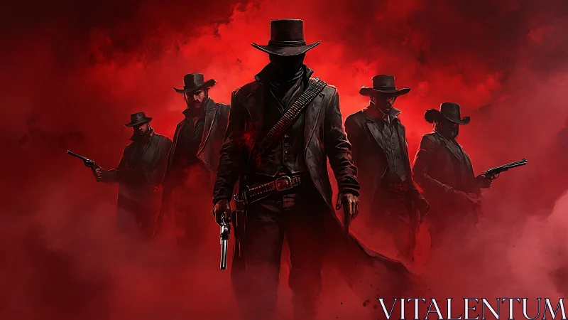 Outlaw gunslingers advancing through red desert haze.