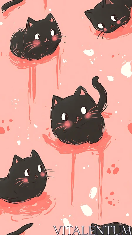 Floating Black Cats Swimming Through Rose-Tinted Dreamscapes