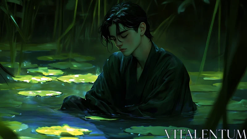 Young man sits immersed in green-lit pond among lily pads