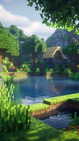 Minecraft style blocky lake scene with trees and cottage.