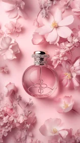 Pink floral perfume bottle amid soft pastel blossoms.