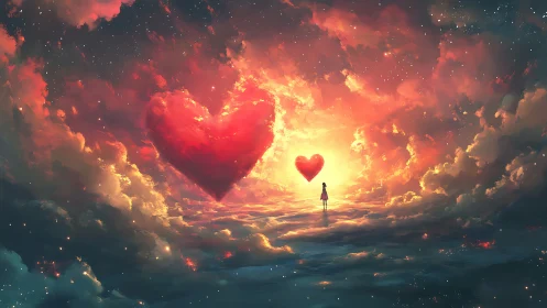Solitary Soul Encounters Celestial Hearts in Radiant Skies.