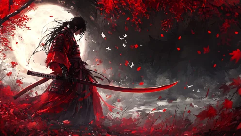Samurai in red armor before full moon in autumn landscape.