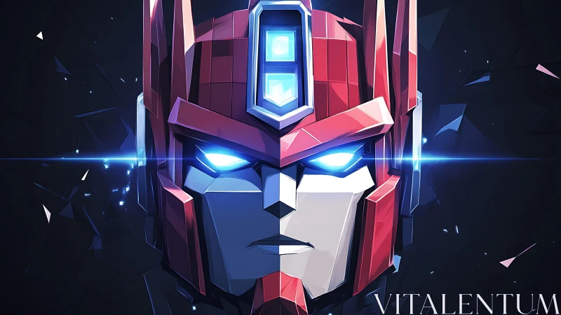 Symmetrical mech warrior face glows with blue energy