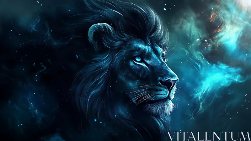 Celestial blue lion gazes through swirling cosmic nebula.