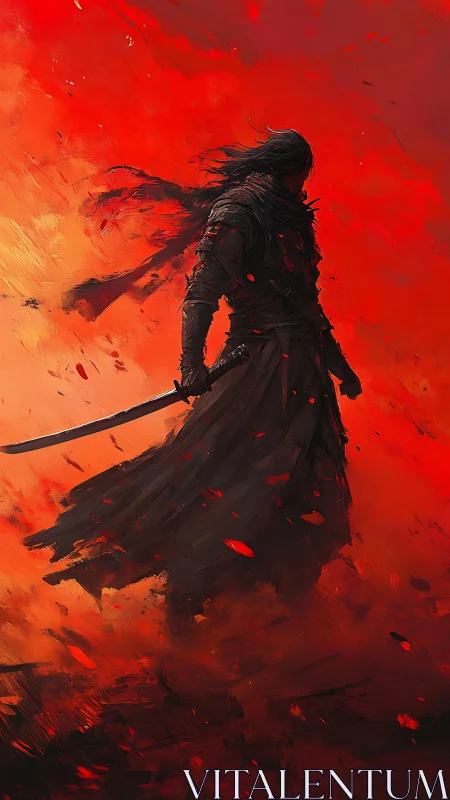 Silhouetted swordsman stands in red fiery abstract storm