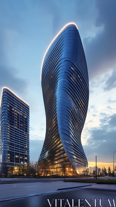 Spiral Glass Tower at Dusk. Modern Architecture.