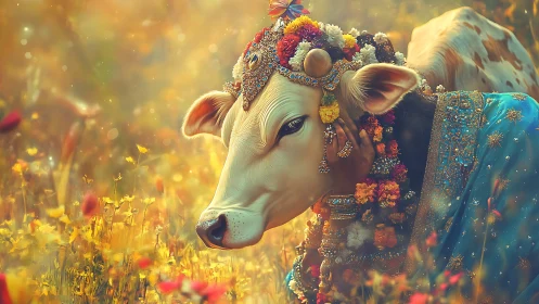 Decorated cow rendered in ornate floral field environment