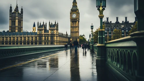 Rain-kissed London bridge walk toward a timeless clocktower.
