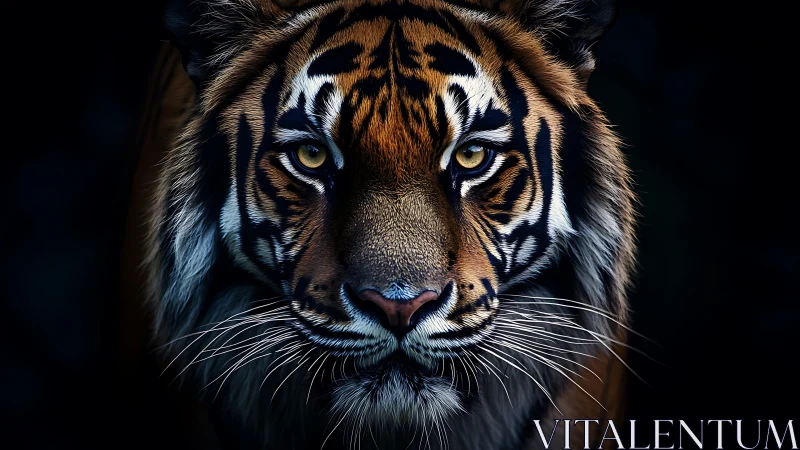 High-contrast frontal tiger portrait with low-key luminance control.