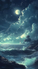 Moonlit sailboat amid stormy teal waves and towering clouds.