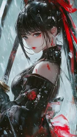 Scarlet-blade samurai girl in storm of shimmering splinters.
