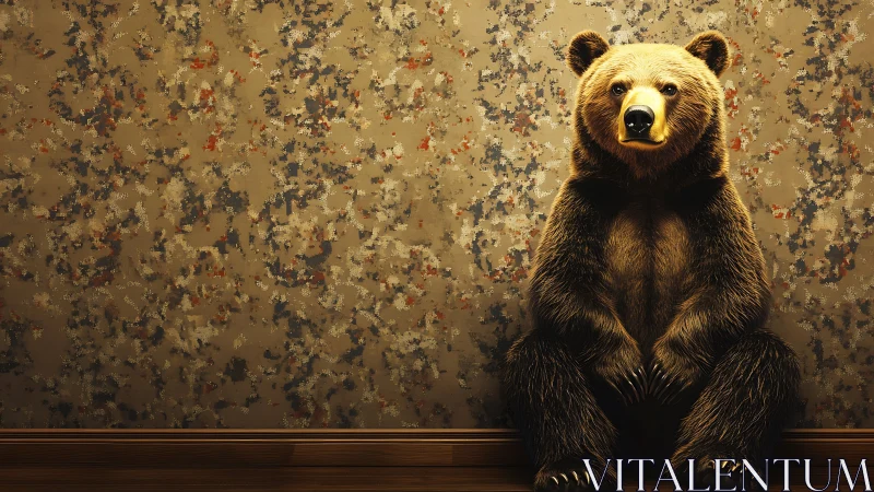 Domesticated brown bear posed against speckled interior wall.